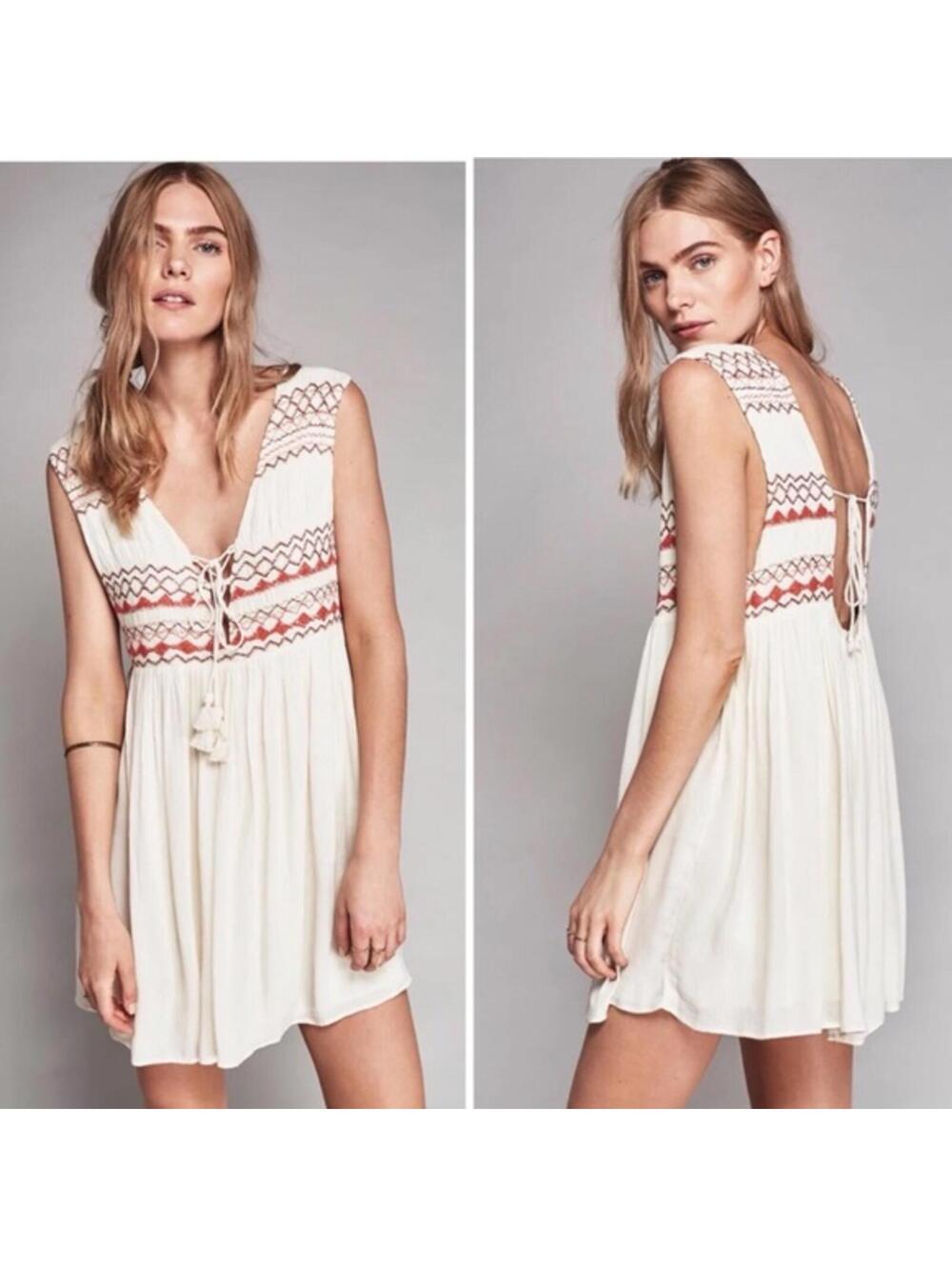 Free People Boho Festival Embroidered Smocked Babydoll Tunic Mini Dress- Medium